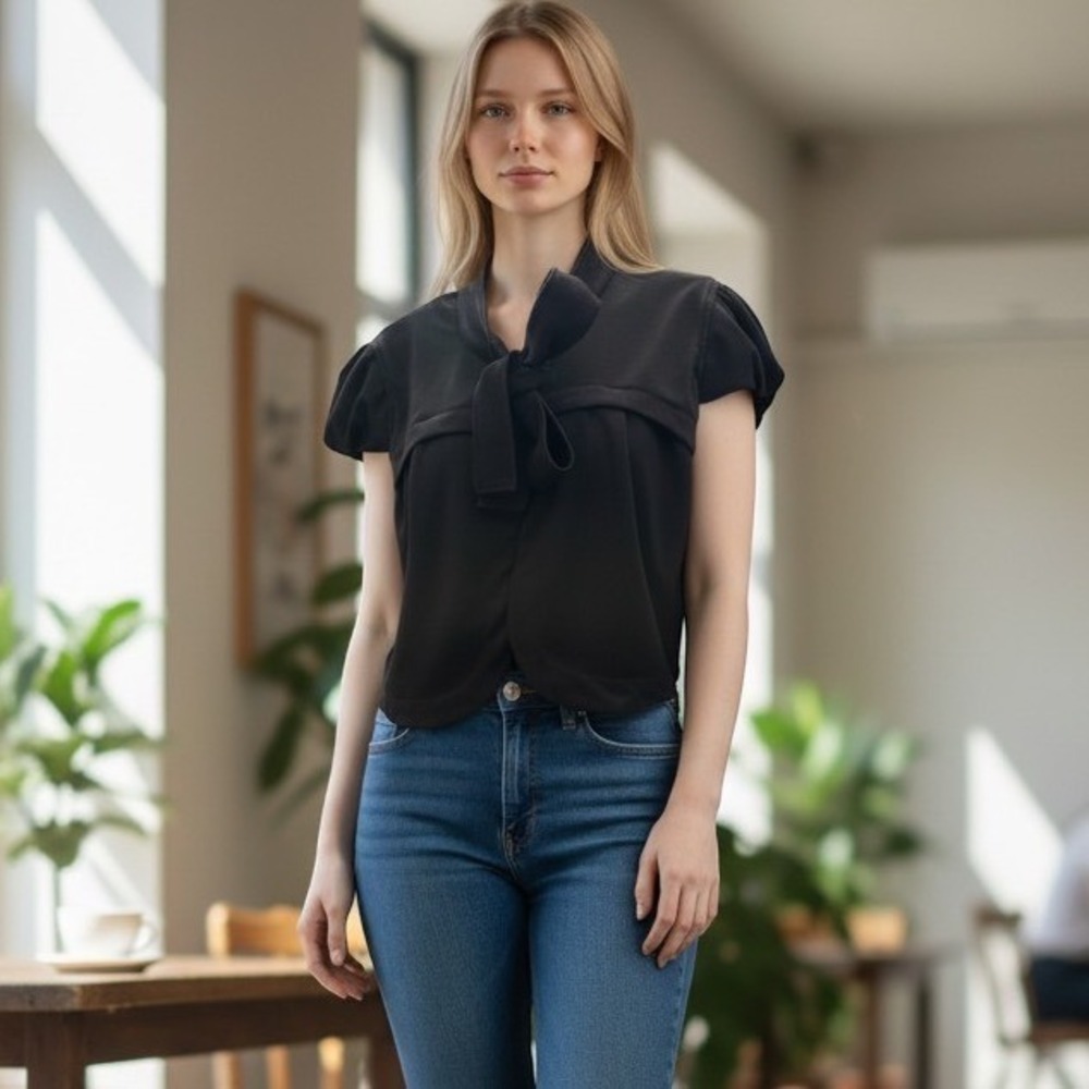 Xhilaration Black Short Sleeve Bolero Jacket Bow Tie Neck Cropped XL